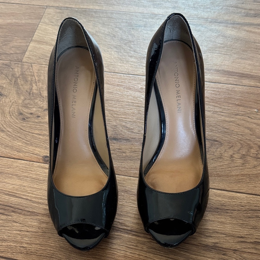 ANTONIO MELANI Black Patent Peep-Toe Heels